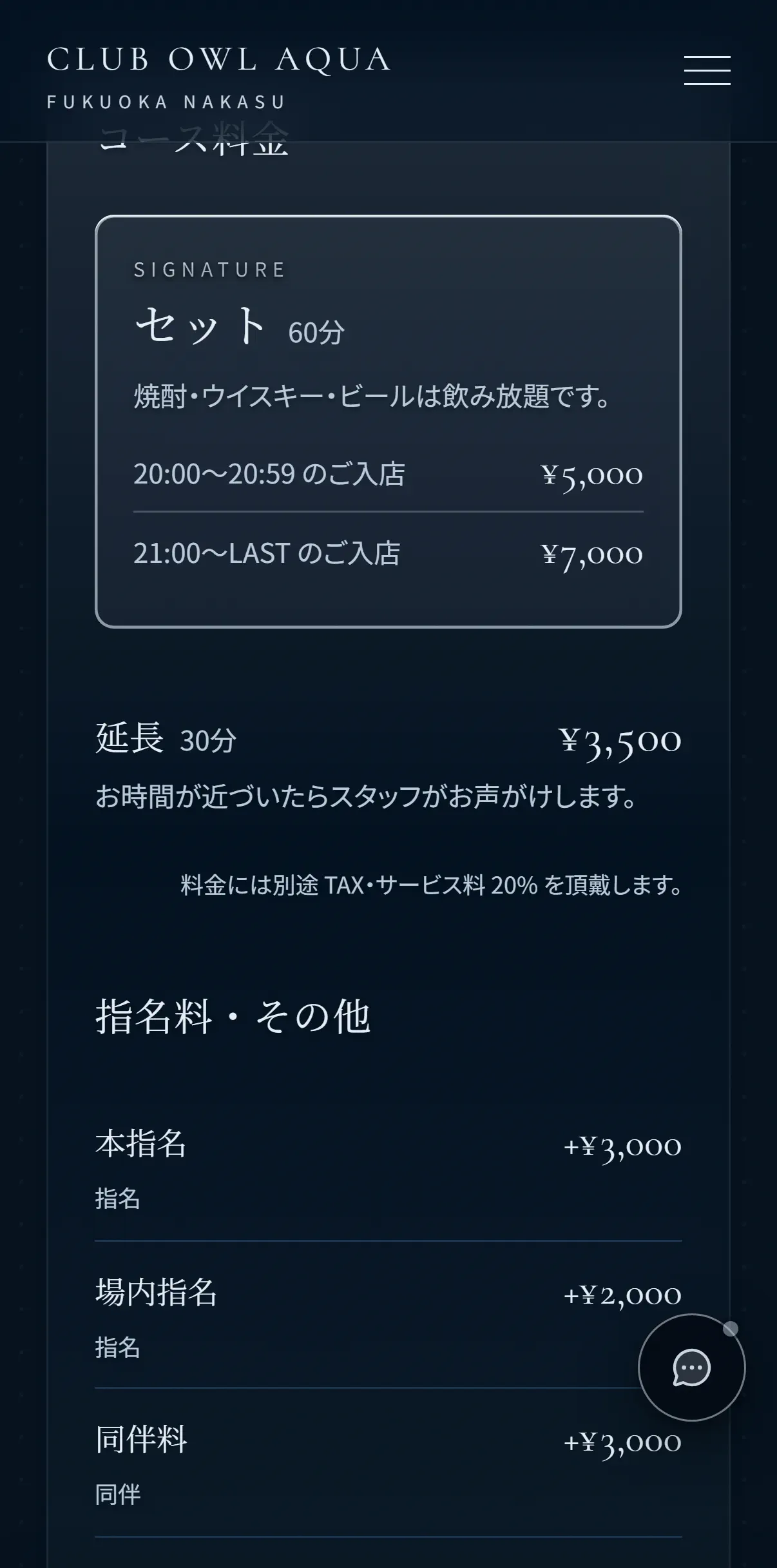 見本店の料金ページ。セットは20時台の入店が5,000円・21時から最後までの入店が7,000円、延長30分が3,500円。その下に「料金には別途 TAX・サービス料 20% を頂戴します。」の一文と、本指名・場内指名・同伴料が並ぶ（スマホの実画面）